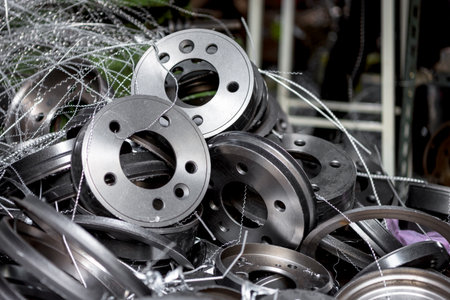 Car mechanic or serviceman disassembly and checking a disc brake and brake pads for fix and repair problem at car garage or repair shopの写真素材