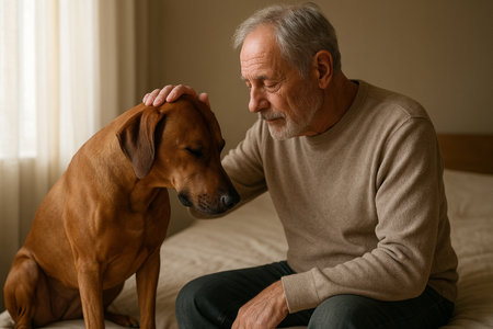 AI generated lifestyle photo of senior man sitting on bed gently caressing Rhodesian Ridgeback in soft natural light warm tones calm and intimate atmosphereの素材