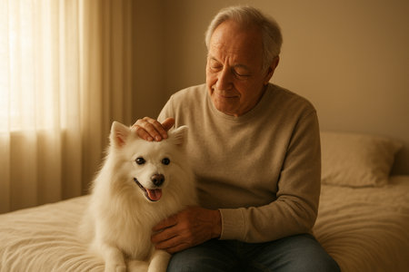 AI generated image of senior man sitting on cream bed with American Eskimo dog in warm natural light peaceful moment and emotional connection in cozy bedroom atmosphereの素材