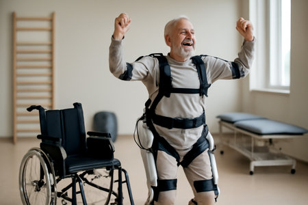 AI generated image of an elderly man standing with joy in an AI exoskeleton during physical therapy. The image conveys empowerment, independence, and hope for aging individuals in modern healthcare.の素材