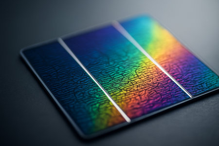 AI generated macro photo of photovoltaic cell surface with rainbow colors and abstract patterns symbolizing renewable energy science and modern technologyの素材