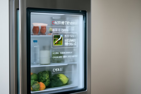 AI generated smart refrigerator with a transparent door highlighting expired food and suggesting recipes based on available ingredients and dietary restrictions. Clean and modern design.の素材
