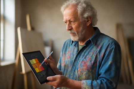 AI generated senior artist with paint-splattered clothes using a tablet and AI-powered brush to paint. The AI suggests color palettes based on his mood blending technology with creativity.の素材