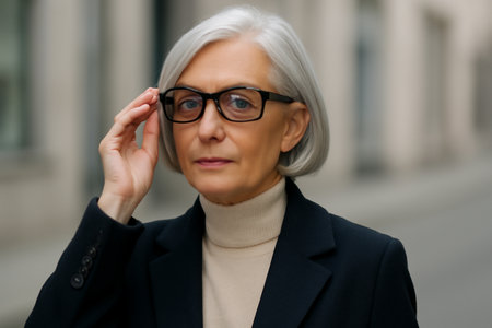 AI generated confident 70-year-old Scandinavian woman adjusting her designer smart glasses in an urban street. The focus is on modern technology, fashion, and healthy lifestyle.の素材