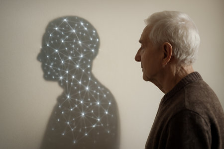 AI generated elderly person with a shadow made of interconnected light dots, symbolizing AI monitoring their health. A metaphor for technology role in aging and care.の素材