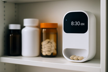 AI generated high-tech pill dispenser in a clean medicine cabinet with traditional bottles. Showcases modern healthcare and technological advancements for medication management.の素材