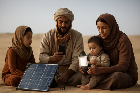 AI generated nomadic family in a desert using a portable solar panel to power a light and charge a phone. Traditional lifestyles supported by sustainable technology.の素材