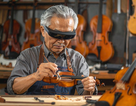 AI generated image of an elderly luthier working in a classic violin workshop using augmented reality glasses for precision. The blend of tradition and modern technology creates a perfect harmony.の素材