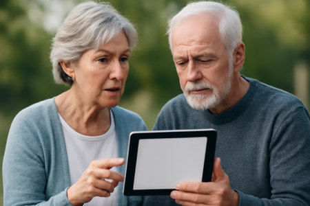 AI generated older couple reviewing health results on a tablet outdoors. They discuss wellness and technology in a calm, serene environment, reflecting trust and care.の素材