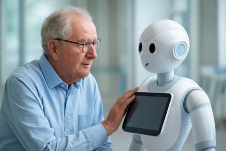 AI generated elderly man interacting with a humanoid robotic health assistant in a futuristic clinic setting showcasing technology in healthcareの素材