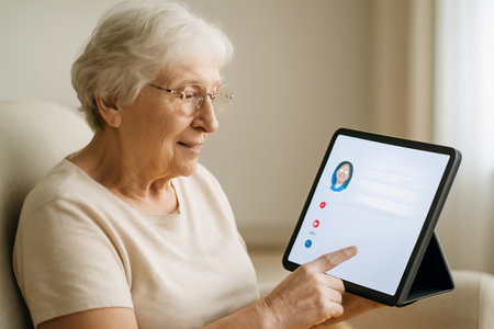 AI generated elderly woman in a nursing home using a tablet to talk with a virtual assistant showing health data creating a feeling of care technology and human connectionの素材
