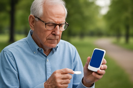AI generated senior man using an AI-powered glucose monitor to check his blood sugar levels in a peaceful park. This photo captures health, wellness, and technology in action.の素材