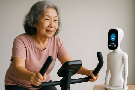 AI generated elderly Asian woman exercising on a stationary bike guided by an AI health assistant promoting wellness technology and active aging lifestyleの素材