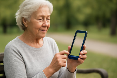 AI generated senior woman using a health tracking app on her smartphone while sitting on a park bench. It reflects well-being, technology, and outdoor tranquility.の素材