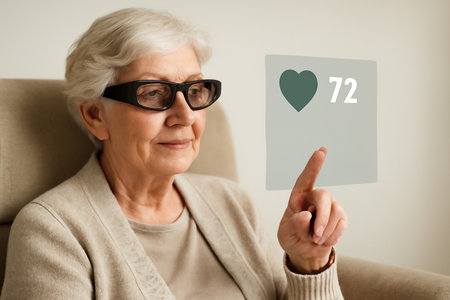 AI generated senior woman wearing smart glasses and monitoring her health with a digital display in a cozy chair. Ideal for healthcare, technology, and senior care themes.の素材