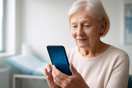 AI generated image of elderly woman in hospital bed connecting a wearable health device to an AI system for real-time health monitoring with natural light ambiance and peaceful mood.の素材