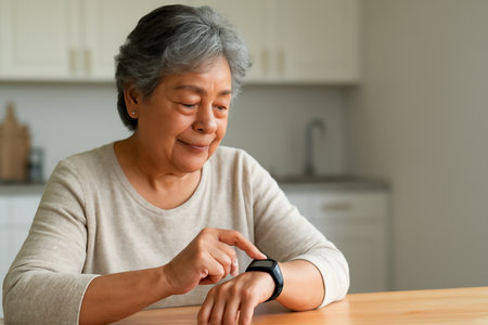 AI generated senior Hispanic woman engaging with a smart health bracelet in a modern kitchen. The photo reflects the theme of technology, health, and aging with a warm, inviting atmosphere.の素材