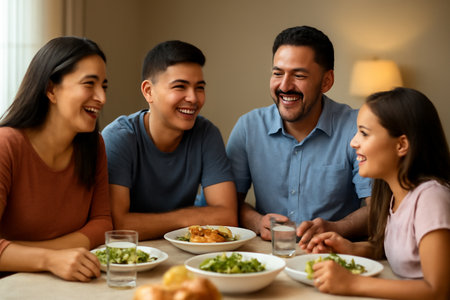 AI generated Hispanic family enjoying a lively dinner conversation. The warm and joyful atmosphere captures connection, laughter, and family moments around the dining table.の素材