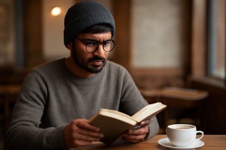 AI generated young South Asian man reading a book in a cozy cafe with a cup of coffee. The warm and relaxed atmosphere captures focus and calm, ideal for study or leisure activities.の素材