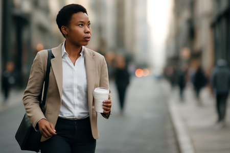 AI generated young African American woman in business casual attire, walking confidently through a busy city street with coffee in hand. Perfect for urban work lifestyle concepts.の素材