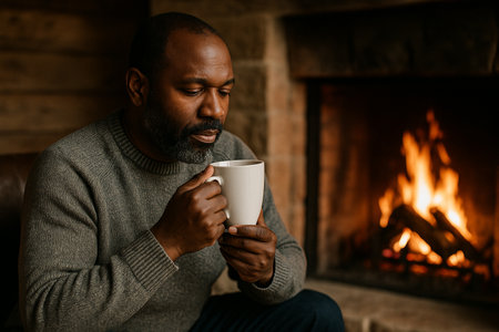 AI generated middle aged Black man sitting peacefully by a cozy fireplace sipping tea feeling warmth comfort and calm in a rustic home interior with natural light and soft tonesの素材