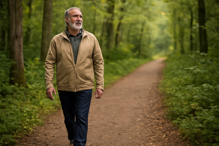 AI generated older Middle Eastern man walking on a peaceful forest trail enjoying the natural. He wears hiking gear and reflects a calm and healthy lifestyle in a beautiful forest environment.の素材