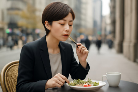 AI generated young East Asian woman enjoying lunch outdoors at a city cafe dressed in a blazer. The bustling city background reflects a peaceful moment of work-life balance.の素材