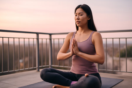 AI generated East Asian woman practicing yoga at sunrise on a peaceful balcony with soft pink tones symbolizing calm balance mindfulness and inner harmony in a tranquil morning atmosphereの素材