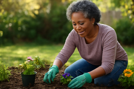 AI generated African American woman in her late 50s planting flowers in her garden on a sunny afternoon. The woman wears gardening gloves and smiles as she enjoys her hobby.の素材