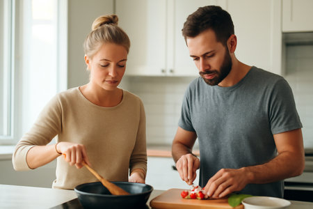 AI generated Caucasian couple cooking dinner together in a bright modern kitchen. The natural light, warmth, and focus on family connection create an inviting atmosphere of togetherness and joy.の素材