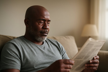 AI generated Black man in his 50s relaxing at home reading a newspaper with soft evening light. The scene evokes comfort, tranquility, and a peaceful atmosphere, perfect for lifestyle wellness themes.の素材