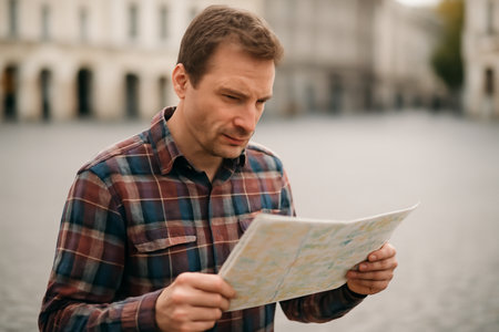 AI generated European man in his 40s, focused on a map in a city square. The moment captures curiosity, adventure, and exploration. Perfect for travel-related content, a serene thoughtful atmosphere.の素材