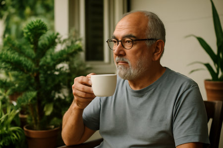 AI generated elderly Hispanic man relaxing on his porch with a cup of tea surrounded by green plants conveying peace warmth and mindfulness in natural morning lightの素材
