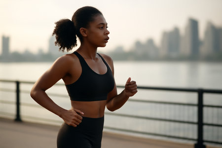 AI generated young Black woman jogging at sunrise along a city waterfront. She wears athletic gear, conveying focus and energy. Ideal for fitness, health, and wellness content.の素材