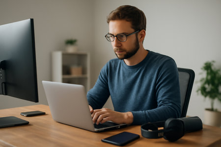 AI generated focused Caucasian man in glasses working in a bright, modern home office surrounded by tech gadgets and plants. Ideal for themes of productivity, technology, work-from-home environments.の素材