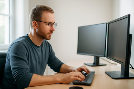AI generated focused Caucasian man working in a bright and airy office with dual monitors. Natural lighting enhances the modern workspace with a clean, minimalist design and a calm atmosphere.の素材