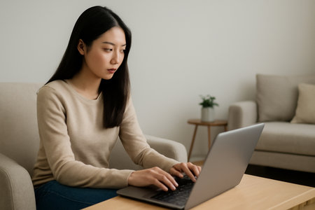 AI generated young Asian woman working on a laptop in a minimalist living room with natural light. A serene and focused atmosphere that conveys productivity and calm.の素材