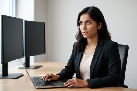 AI generated South Asian woman working in a sleek office, focused on multiple screens. The professional workspace conveys productivity, concentration, and modernity, ideal business-related content.の素材