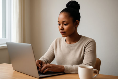 AI generated young Black woman focused on her laptop a cup of tea in a bright, cozy apartment corner. Natural lighting enhances the calm, productive, perfect for remote work or freelance inspiration.の素材