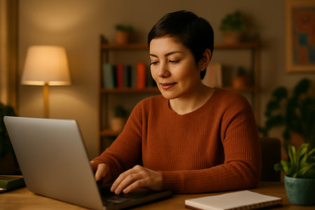 AI generated focused Hispanic woman working in a cozy home office with warm lighting and stylish decor. A peaceful and productive atmosphere for remote work inspiration.の素材