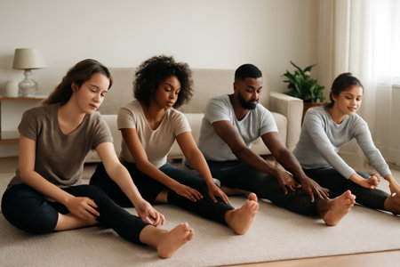 AI generated diverse group of young adults stretching in a cozy living room with neutral colors. A perfect scene for wellness, fitness, and relaxation related content.の素材