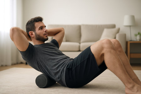 AI generated fit Caucasian man performing an ab workout using a foam roller on a living room rug. The image captures focus, relaxation, and fitness with soft natural lighting minimalist surroundings.の素材