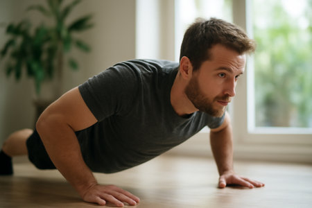 AI generated focused Caucasian man performing push ups in a bright room with plants. The natural light highlights his strength and determination, creating an inspiring and healthy atmosphere.の素材