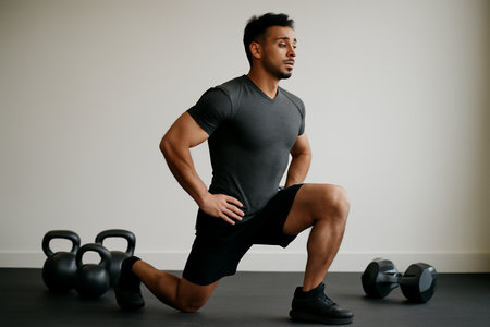 AI generated fit Hispanic man doing lunges in a minimalist home gym. Surrounded by kettlebells and dumbbells, the scene reflects strength, focus, and determination in a clean modern setting.の素材