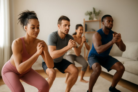 AI generated diverse group of friends in activewear performing fitness exercises in cozy modern living room. Focused, energized, and engaging in healthy lifestyle activities.の素材