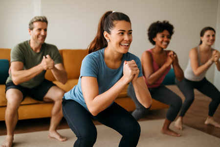 AI generated four friends doing a fun home workout class in a cozy living room with colorful couches, showcasing joy and fitness. A perfect scene for promoting fitness, home workouts, group exercises.の素材
