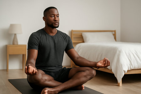 AI generated Black man practicing yoga in a minimalist bedroom. The peaceful atmosphere emphasizes relaxation and mindfulness in a modern, calming space.の素材