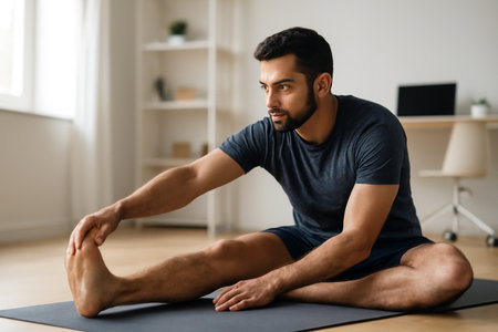AI generated fit Middle Eastern man stretching on a yoga mat in a bright home office. The serene, minimalist setting offers an inspiring atmosphere for wellness and relaxation.の素材