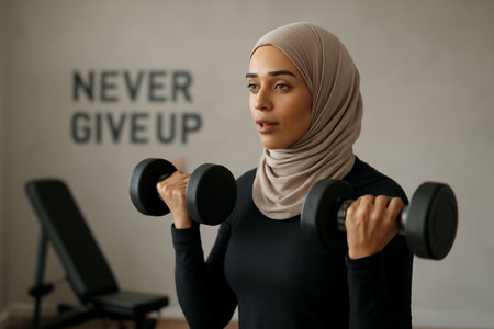AI generated Middle Eastern woman lifting dumbbells in a home gym with motivational words on the wall. Showcasing strength, focus, and determination, perfect for fitness-related content.の素材