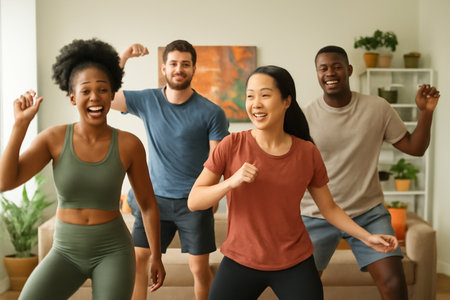 AI generated image of four diverse friends enjoying a fitness dance session in a bright living room. The lively decor adds a warm, energetic vibe to this active moment of joy.の素材